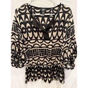 COMO Black Petites Blouse PL Large Geometric Peplum Bubble Sleeve Top
